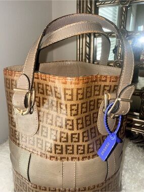 Vintage Fendi Zucchino Palazzo Open Top Bucket Tote Bag Khaki Olive Green Trim